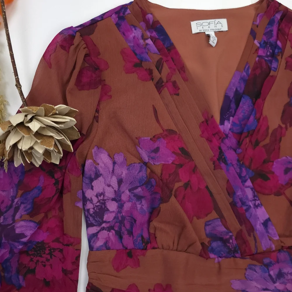 Sofia Veragara Floral Blouse in Brown Purple & Red Sz XS 0-2 - Picture 5 of 11